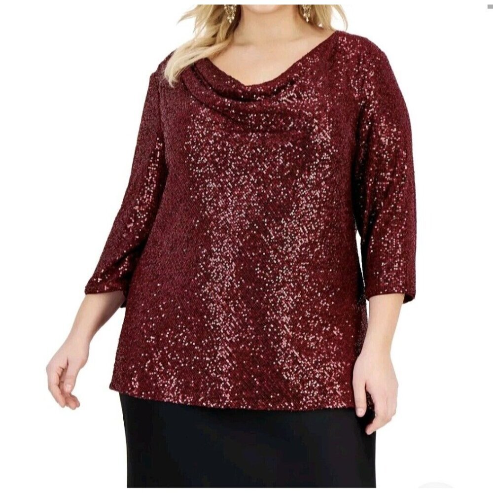 Alex Evenings Women's Size 2X Red Sequined Cowl Neck Blouse Tunic Top Plus (46)
